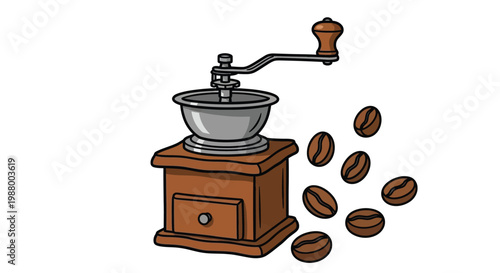 A charming cartoon illustration depicts a vintage manual coffee grinder with scattered beans
