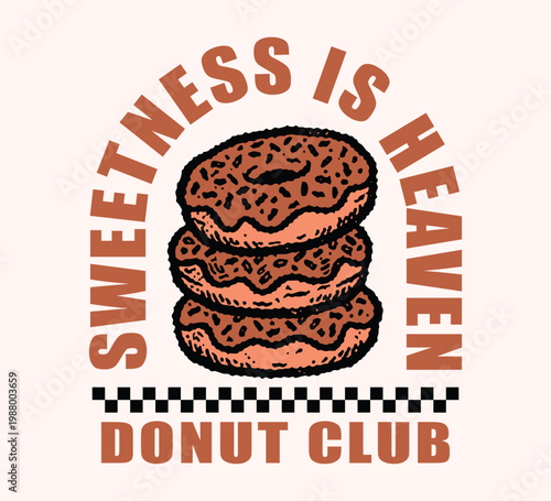 Vector illustration hand draw streetwear of a retro three donut artwork for T-Shirt design with slogan and distortion artwork