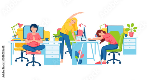 Women practicing yoga and stretching at office desks.