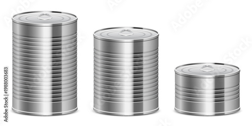 Three shiny metal cans of varying heights stand on a white surface.