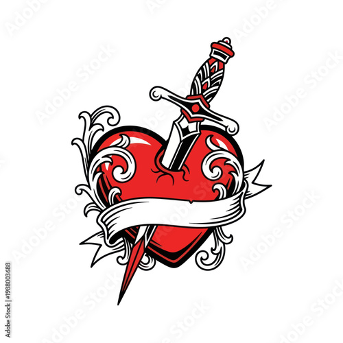 Broken Heart with Sword and Ribbon Tattoo Design