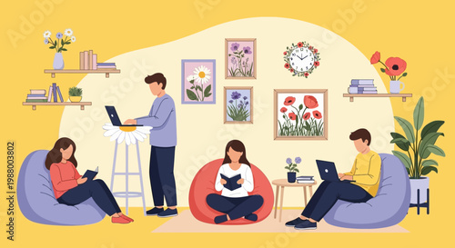 Young adults studying and working in a cozy living room.