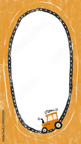 cute blank empty photo picture frame under construction site tractor forklift truck design invitation birthday gift party greeting card crayon doodle watercolor illustration clipart