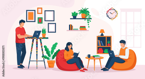 Young adults studying and working together in a cozy living room.