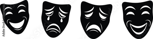 Theatrical masks illustration, comedy tragedy faces, drama emotions art, performing arts symbol, theater expression, joy sorrow contrast, stage culture