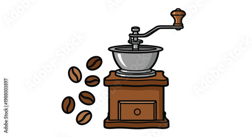 A colorful illustration depicts a vintage hand coffee grinder with scattered coffee beans nearby