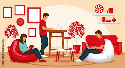 Young adults working and reading in a modern living room.