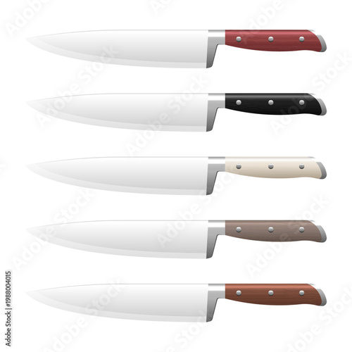 Collection of kitchen knives with different colored handles in arrangement