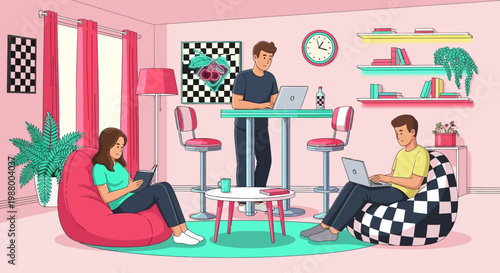 Three young adults working and studying in a modern living room.