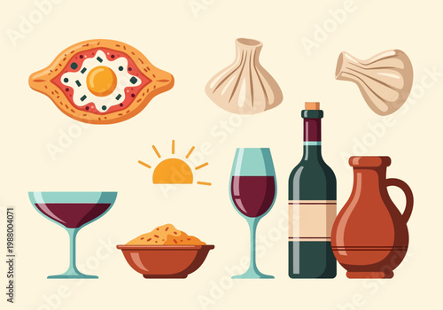 Traditional Georgian Cuisine Set with Khachapuri, Khinkali, and Wine. Vector Illustration of Cultural Food Icons from Georgia.