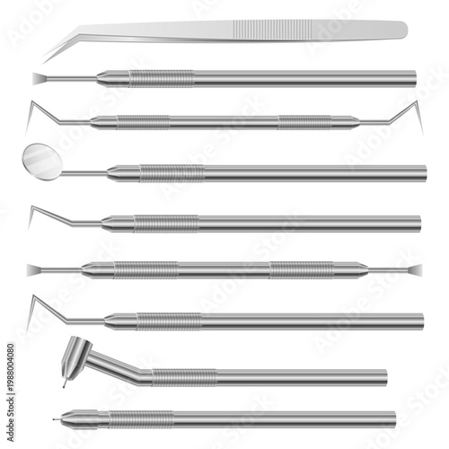 Set of stainless steel dental instruments for examination and procedures