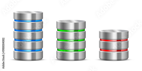 Stacked cylinders represent varying levels with blue, green, and red tiers