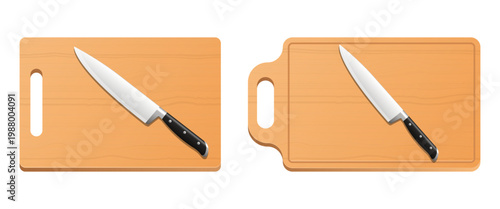 Kitchen knife resting on wooden cutting boards; cooking preparation scene.