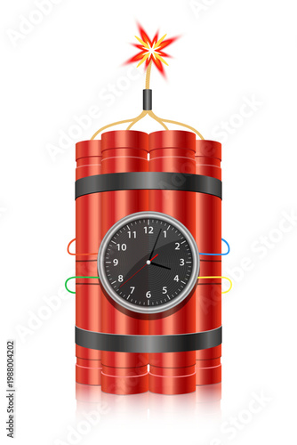 Illustration of an explosive device with a clock face and a lit fuse.
