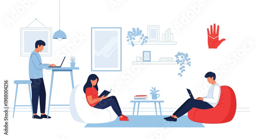 Young people working and studying in a modern coworking space.