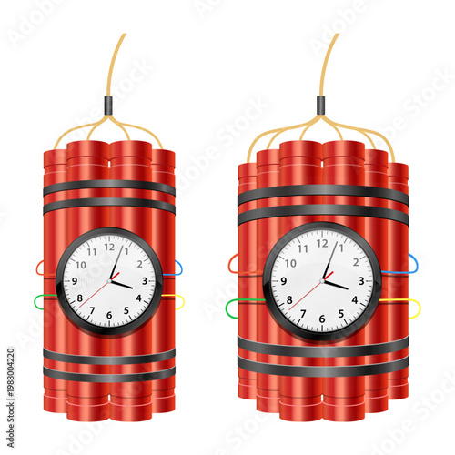 Two cartoon time bombs with dynamite sticks and clocks as timing devices.
