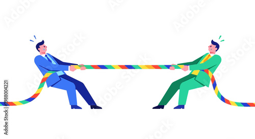 Two businessmen in suits engaged in a tug-of-war with a rainbow rope.