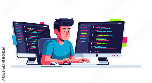 Young man programmer working on multiple computer screens.