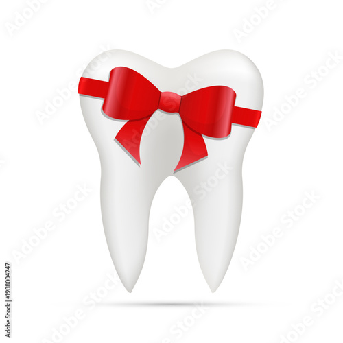 Tooth with red ribbon: Gift for dental health.  Healthy smile is priceless.