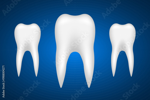Three glossy white teeth stand against a blue background in a dental display.