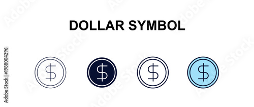 dollar symbol  multi-style outline icon set - cryptocurrency concept. Thin line, regular, filled, colored dollar symbol  icon