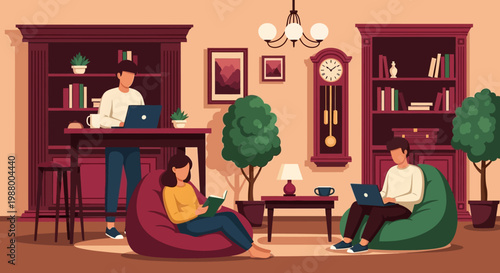 Two people working on laptops in a cozy home library.