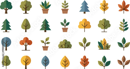 Potted houseplant and outdoor garden tree flat color vector icons