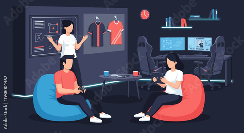 Young people playing video games in a modern gaming room.