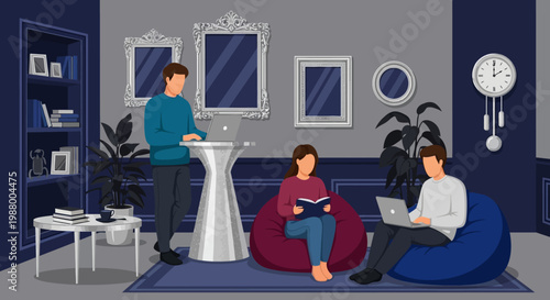 Three people in a modern lounge area.