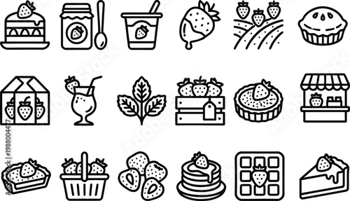 Strawberry jam yogurt and breakfast pancake line vector icons