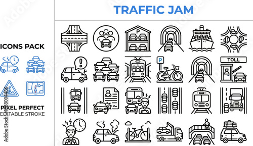 City traffic jam and highway congestion black line vector icons