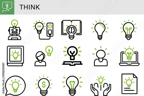Creative thinking human mind and logic concept green line vector icons