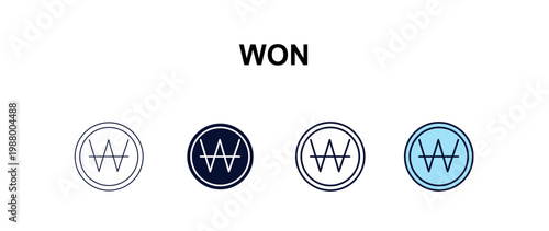 won  multi-style outline icon set - cryptocurrency concept. Thin line, regular, filled, colored won  icon