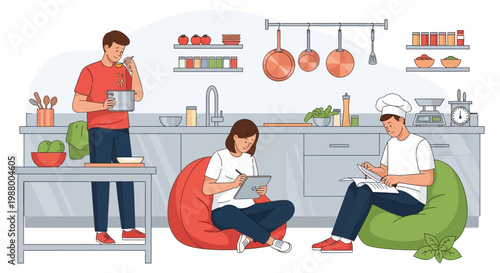 Three people learning and cooking in a modern kitchen setting.