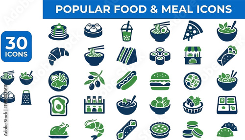 Healthy lunch salad pastry and asian cuisine solid vector icons