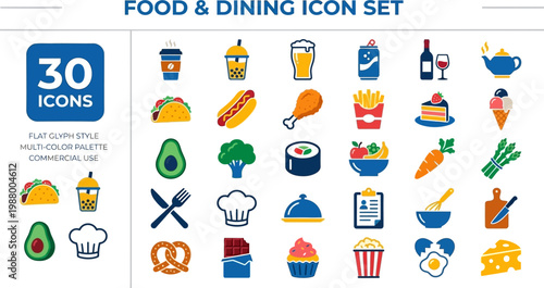 Fast food junk meal and diner snack flat color vector icons