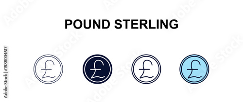 pound sterling  multi-style outline icon set - cryptocurrency concept. Thin line, regular, filled, colored pound sterling  icon