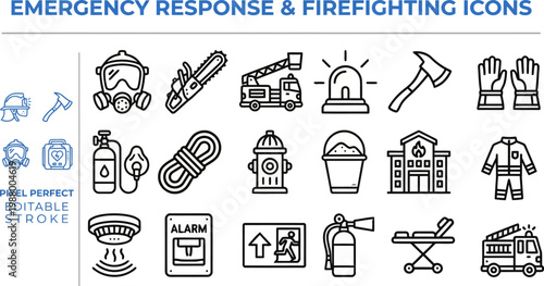 Emergency response firefighting and rescue tool line vector icons