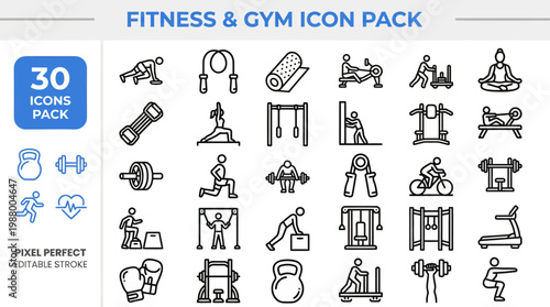 Fitness gym workout and bodybuilding exercise line vector icons