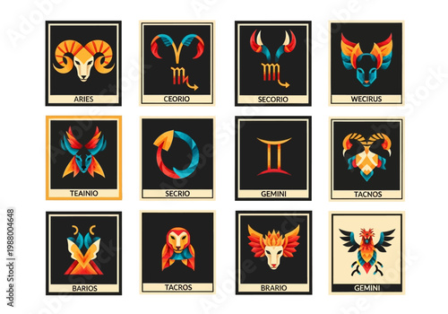 Set of 12 Modern Geometric Zodiac and Mythical Icons, Colorful Astrology Signs and Celestial Symbols on Dark Background