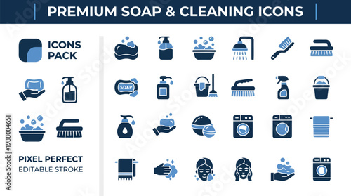 Personal care laundry and bathroom wash solid blue vector icons