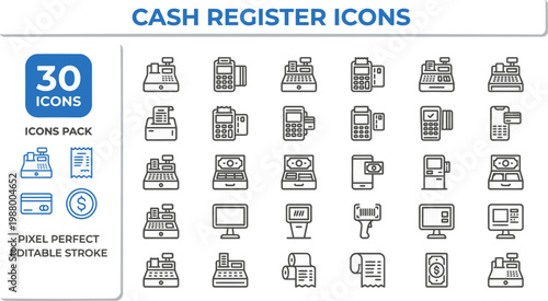 Supermarket cashier machine and billing receipt black line vector icons