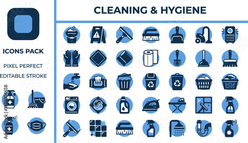 Sanitation hygiene and janitorial supplies blue circle badge icons