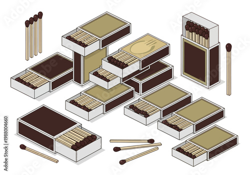 Isometric Vector Illustration of Matchboxes and Wooden Safety Matches Set