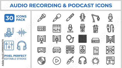 Podcast studio broadcasting and audio mixing line vector icons