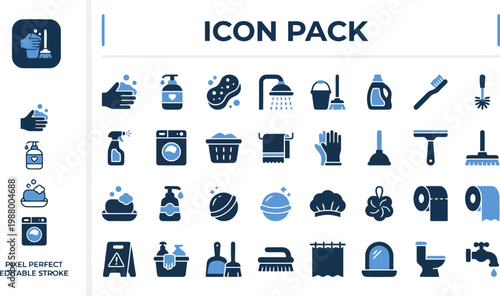 Household chores and domestic cleaning tools solid vector icon set