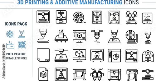3D printing additive manufacturing and prototyping line vector icons