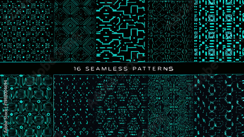A collection of sixteen seamless geometric patterns in shades of teal and black