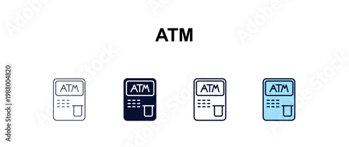 atm  multi-style outline icon set - cryptocurrency concept. Thin line, regular, filled, colored atm  icon
