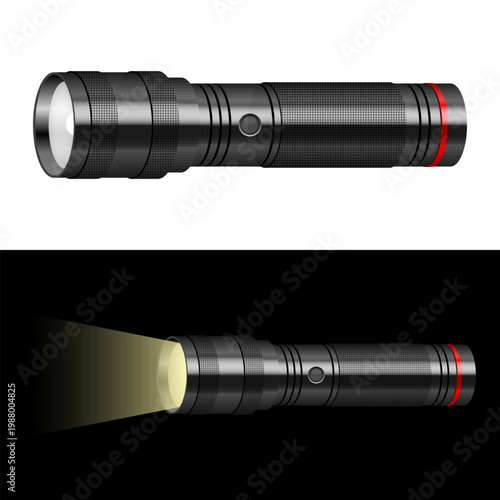 Vector illustration of a black flashlight; both on and off is depicted.